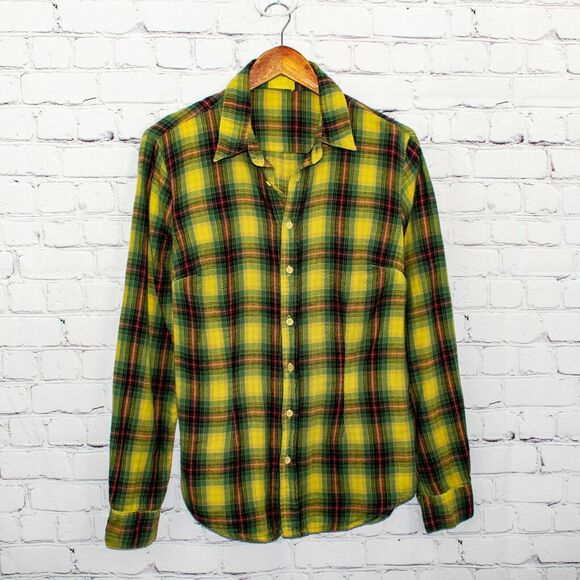 CP Shades Women's Button up Flannel Shirt Yellow Green Plaid Cotton Size Medium - Picture 1 of 9